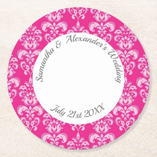 Hot Roze damast bruiloft Ronde Kartonnen Onderzetter (Voorkant)