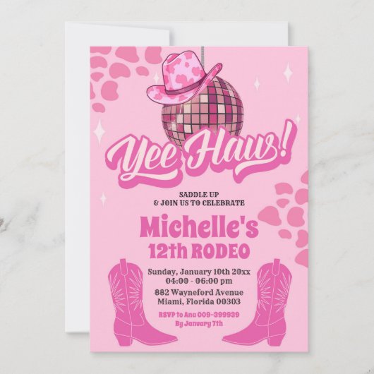 Hot roze disco cowgirl yehaw verjaardagsfeestje kaart (Voorkant)