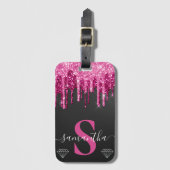 Hot-roze druppelaar op zwart monogram bagagelabel (Voorkant (verticaal))