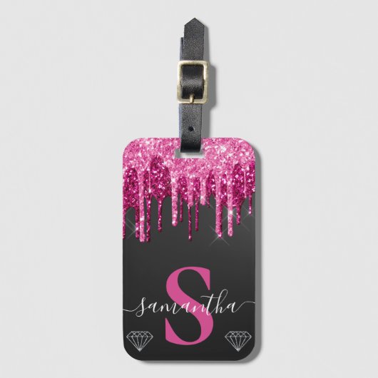 Hot-roze druppelaar op zwart monogram bagagelabel (Voorkant (verticaal))