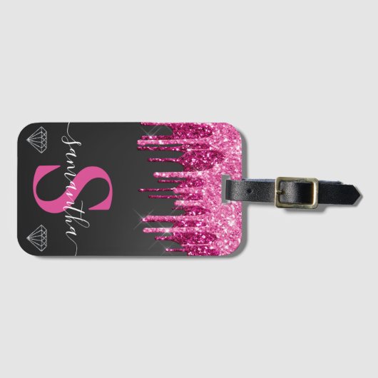 Hot-roze druppelaar op zwart monogram bagagelabel (Voorkant (horizontaal))