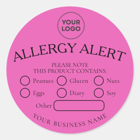 Hot Roze Eenvoudige Zwarte Voedsel Allergie Alert Ronde Sticker (Voorkant)