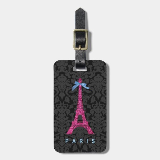 Hot-roze Eiffeltoren in faux-glitter Bagagelabel (Voorkant verticaal)