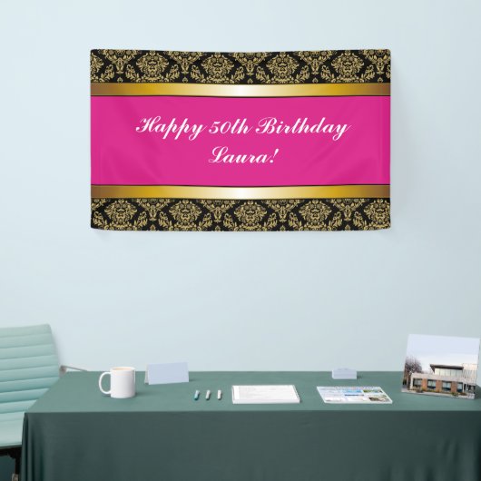 Hot-roze elke leeftijd Gold Damask Birthday-banner Spandoek (Beurs)