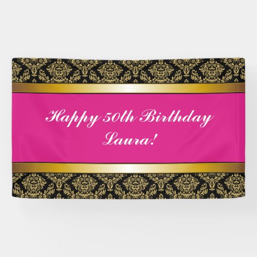 Hot-roze elke leeftijd Gold Damask Birthday-banner Spandoek (Horizontaal)