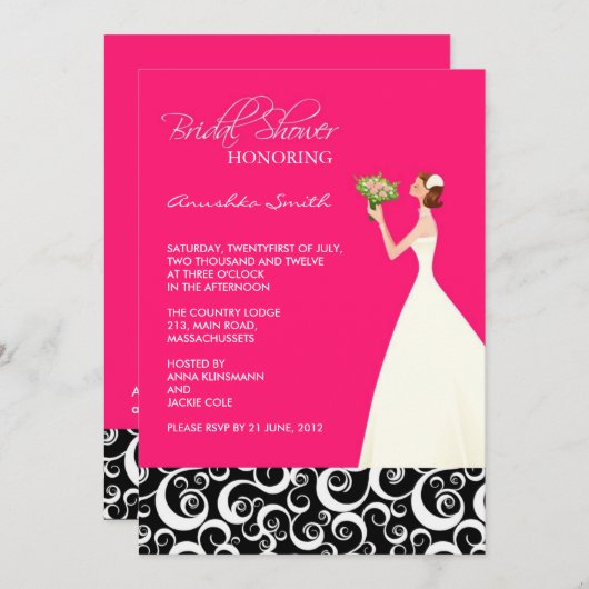 Hot-roze en Black Bridal Shower-uitnodigingen Kaart (Voorkant / Achterkant)