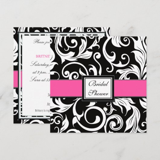 Hot-roze en Black Damask Bridal Shower-uitnodiging Kaart (Voorkant / Achterkant)