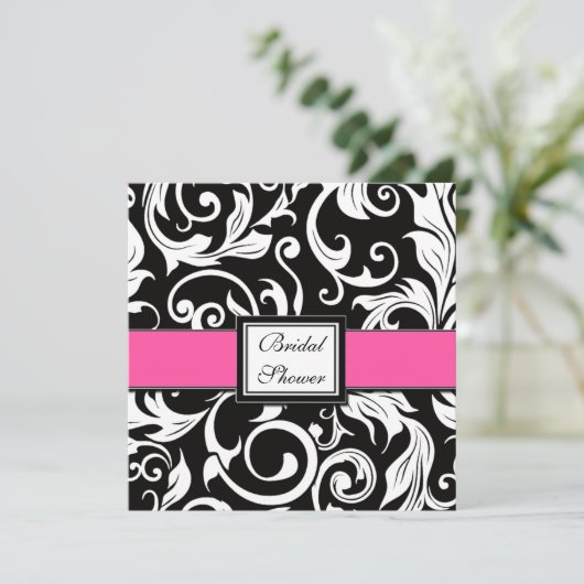 Hot-roze en Black Damask Bridal Shower-uitnodiging Kaart (Staand voorkant)