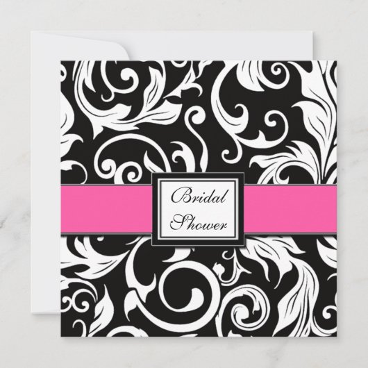 Hot-roze en Black Damask Bridal Shower-uitnodiging Kaart (Voorkant)