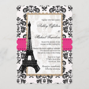 Hot-roze en Black Damask Eiffel Tower Weddenschap Kaart