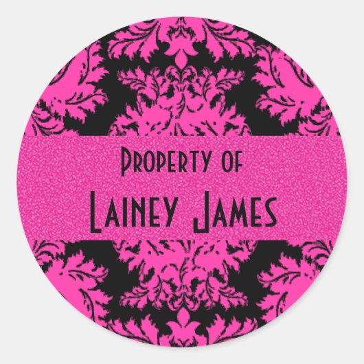 Hot-roze en Black Damask Ronde Sticker (Voorkant)