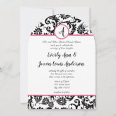 Hot-roze en Black Floral Damask Wedding Invitation Kaart (Voorkant)