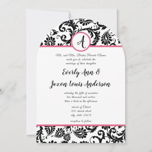 Hot-roze en Black Floral Damask Wedding Invitation Kaart (Voorkant)