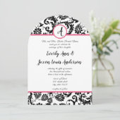 Hot-roze en Black Floral Damask Wedding Invitation Kaart (Staand voorkant)