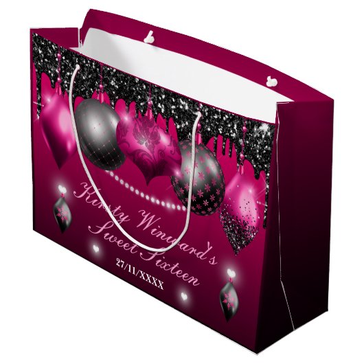 Hot-roze en Black kerstversiering Sweet 16 Groot Cadeauzakje (Achterkant Gekanteld)