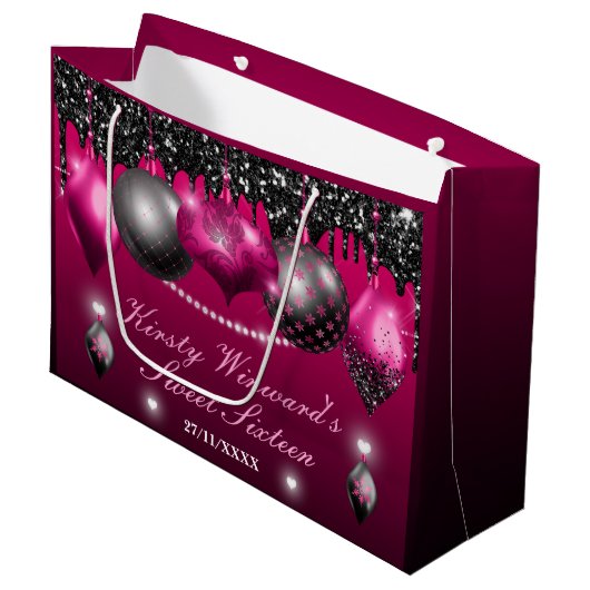 Hot-roze en Black kerstversiering Sweet 16 Groot Cadeauzakje (Voorkant Gekanteld)