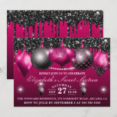 Hot-roze en Black kerstversiering Sweet 16 Kaart (Voorkant / Achterkant)