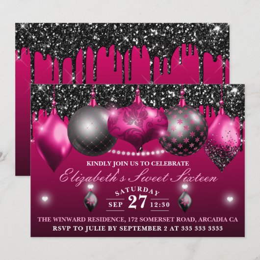 Hot-roze en Black kerstversiering Sweet 16 Kaart (Voorkant / Achterkant)