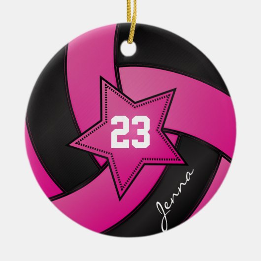 Hot-roze en Black Star Volleyball Keramisch Ornament (Voorkant)