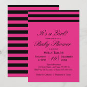 Hot-roze en Black Stripes Baby shower Kaart (Voorkant / Achterkant)