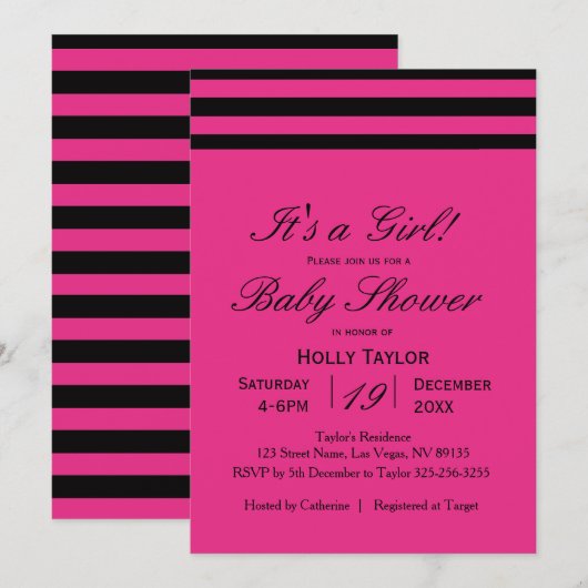Hot-roze en Black Stripes Baby shower Kaart (Voorkant / Achterkant)