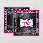 Hot-roze en Black Sweet Sixteen-uitnodiging Kaart (Voorkant / Achterkant)