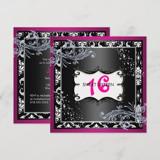 Hot-roze en Black Sweet Sixteen-uitnodiging Kaart (Voorkant / Achterkant)