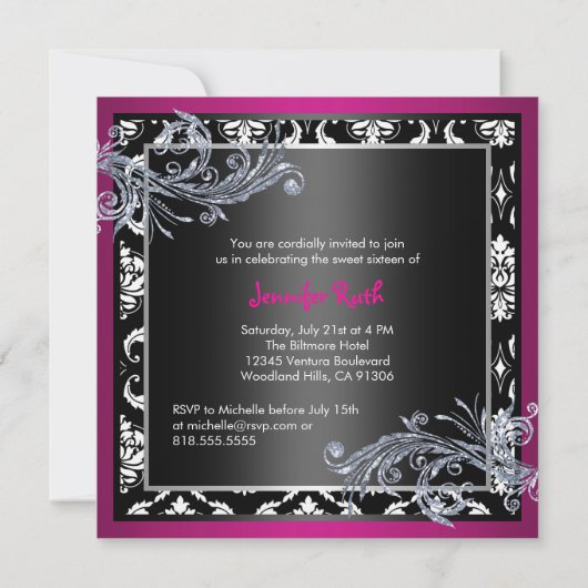 Hot-roze en Black Sweet Sixteen-uitnodiging Kaart (Achterkant)