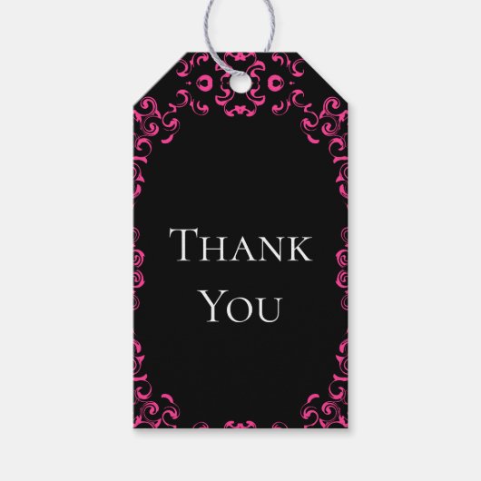 Hot-roze en Black Swirl Gothic Wedding Cadeaulabel (Voorkant)