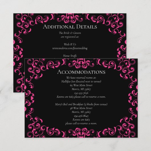 Hot-roze en Black Swirl Gothic Wedding Informatiekaartje (Voorkant / Achterkant)