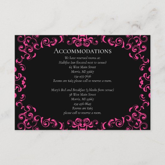 Hot-roze en Black Swirl Gothic Wedding Informatiekaartje (Voorkant)
