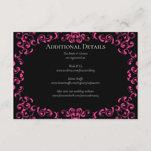 Hot-roze en Black Swirl Gothic Wedding Informatiekaartje (Achterkant)