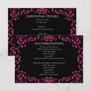 Hot-roze en Black Swirl Gothic Wedding Informatiekaartje