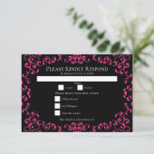 Hot-roze en Black Swirl Gothic Wedding Kaart (Staand voorkant)