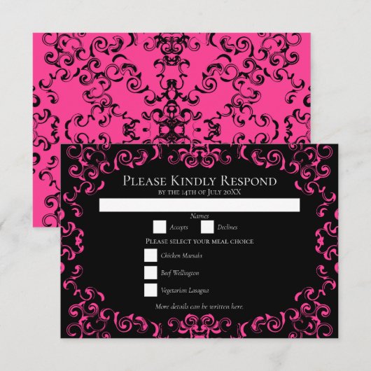 Hot-roze en Black Swirl Gothic Wedding Kaart (Voorkant / Achterkant)