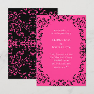 Hot-roze en Black Swirl Gothic Wedding Kaart