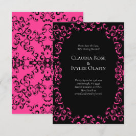 Hot-roze en Black Swirl Gothic Wedding Kaart