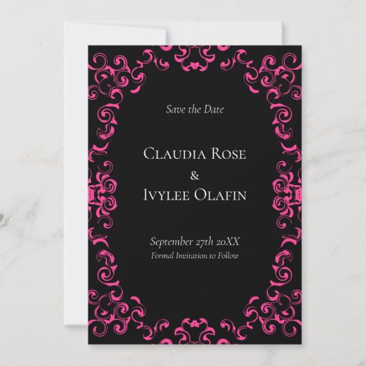 Hot-roze en Black Swirl Gothic Wedding Kaart (Voorkant)