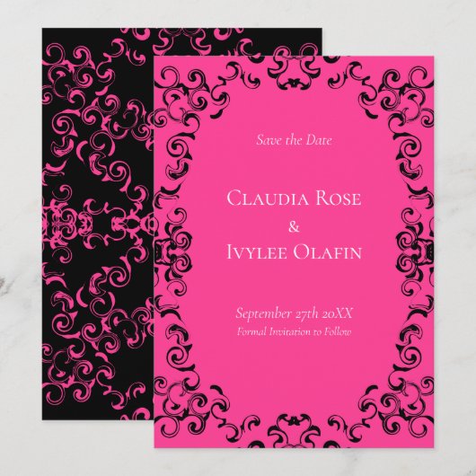 Hot-roze en Black Swirl Gothic Wedding Kaart (Voorkant / Achterkant)