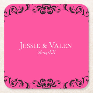 Hot-roze en Black Swirl Gothic Wedding Kartonnen Onderzetters