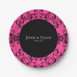 Hot-roze en Black Swirl Gothic Wedding Papieren Bordje