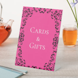 Hot-roze en Black Swirl Gothic Wedding Reclamebord Met Voetstuk
