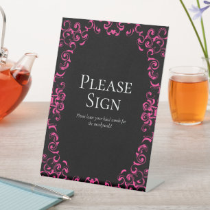 Hot-roze en Black Swirl Gothic Wedding Reclamebord Met Voetstuk