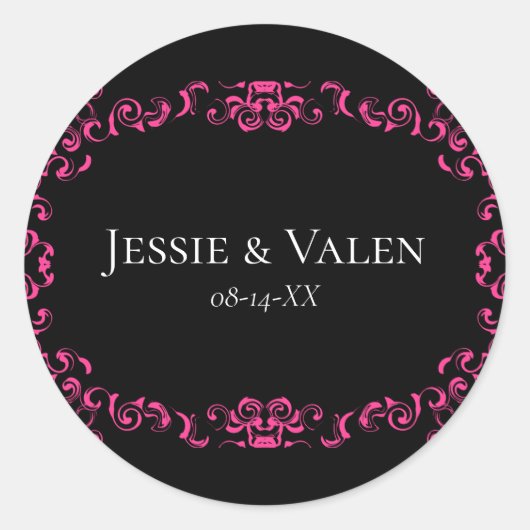 Hot-roze en Black Swirl Gothic Wedding Ronde Sticker (Voorkant)