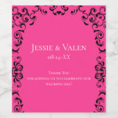 Hot-roze en Black Swirl Gothic Wedding Wijn Etiket (Enkel label)