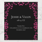 Hot-roze en Black Swirl Gothic Wedding Wijn Etiket (Enkel label)