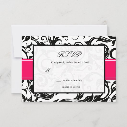 Hot-roze en Black Swirl Wedding RSVP (Voorkant)
