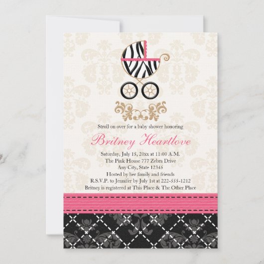Hot Roze en Black Zebra Carriage Baby shower Kaart (Voorkant)