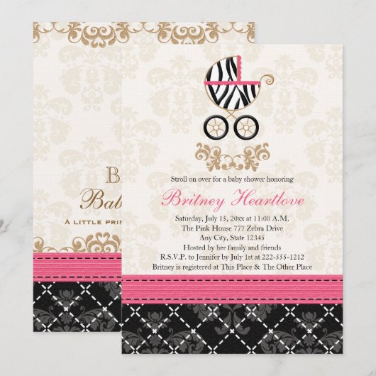 Hot Roze en Black Zebra Carriage Baby shower Kaart (Voorkant / Achterkant)