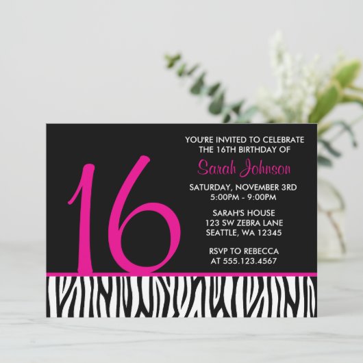 Hot-roze en Black Zebra Sweet 16 Nummer geboorteda Kaart (Staand voorkant)